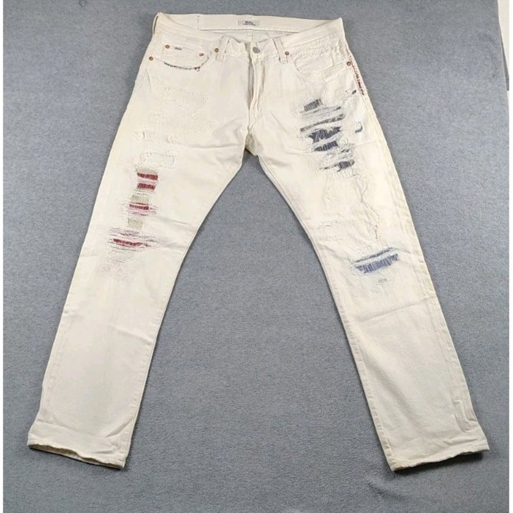 Polo Ralph Lauren The Varick Slim Straight  Distressed USA Jeans Men 32X32 Ivory